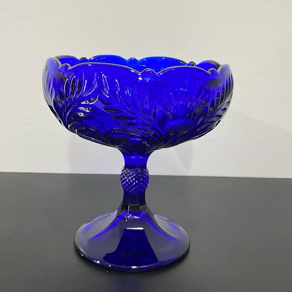 Mosser Inverted Thistle Colbalt Blue Glass Pedestal Footed Bowl Candy Dish